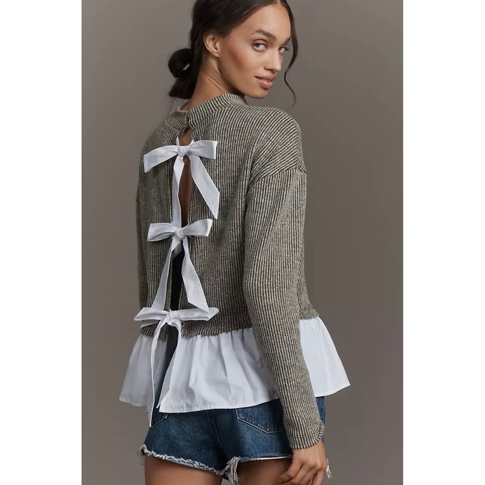 Maeve Anthropologie NEW Long Sleeve Olive Bow Back Peplum Sweater Large Coquette
